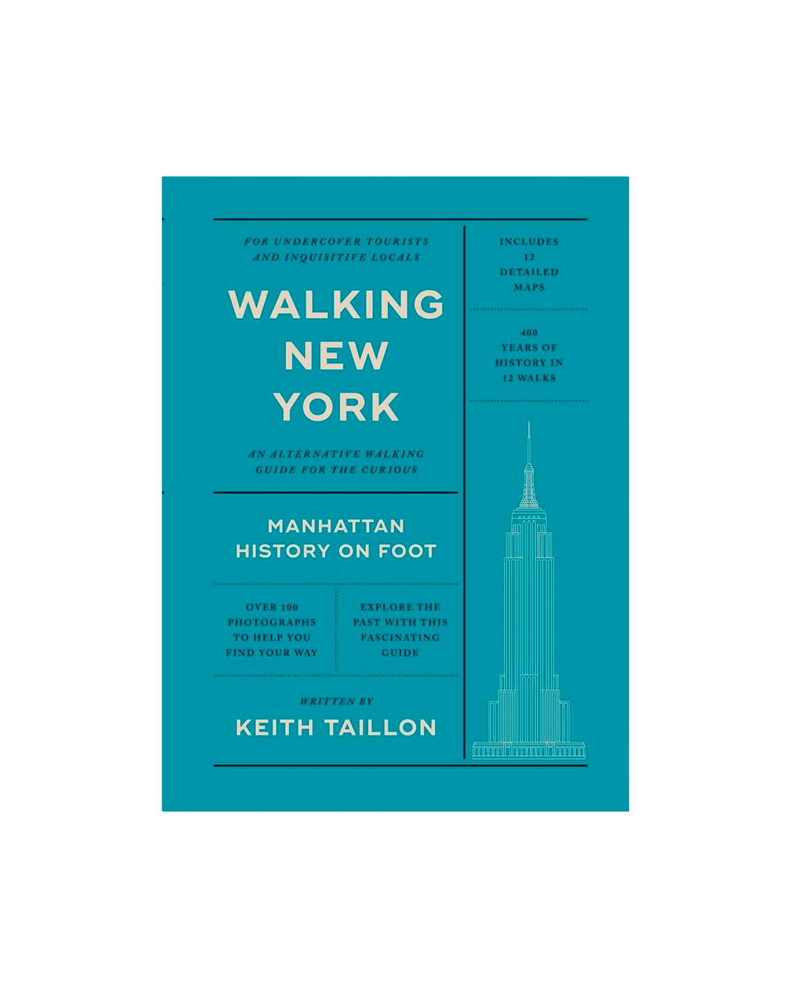 Book cover of 'Walking New York' with a teal background and Empire State Building illustration.