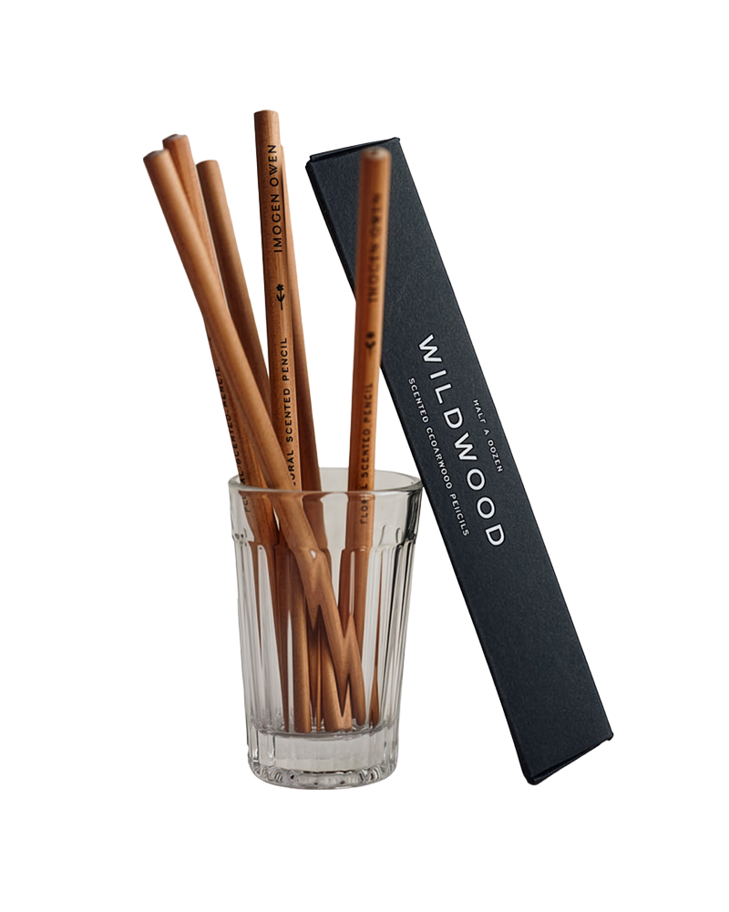 A set of wooden pencils in a clear glass cup next to a black Wildwood brand box, on a solid white background.