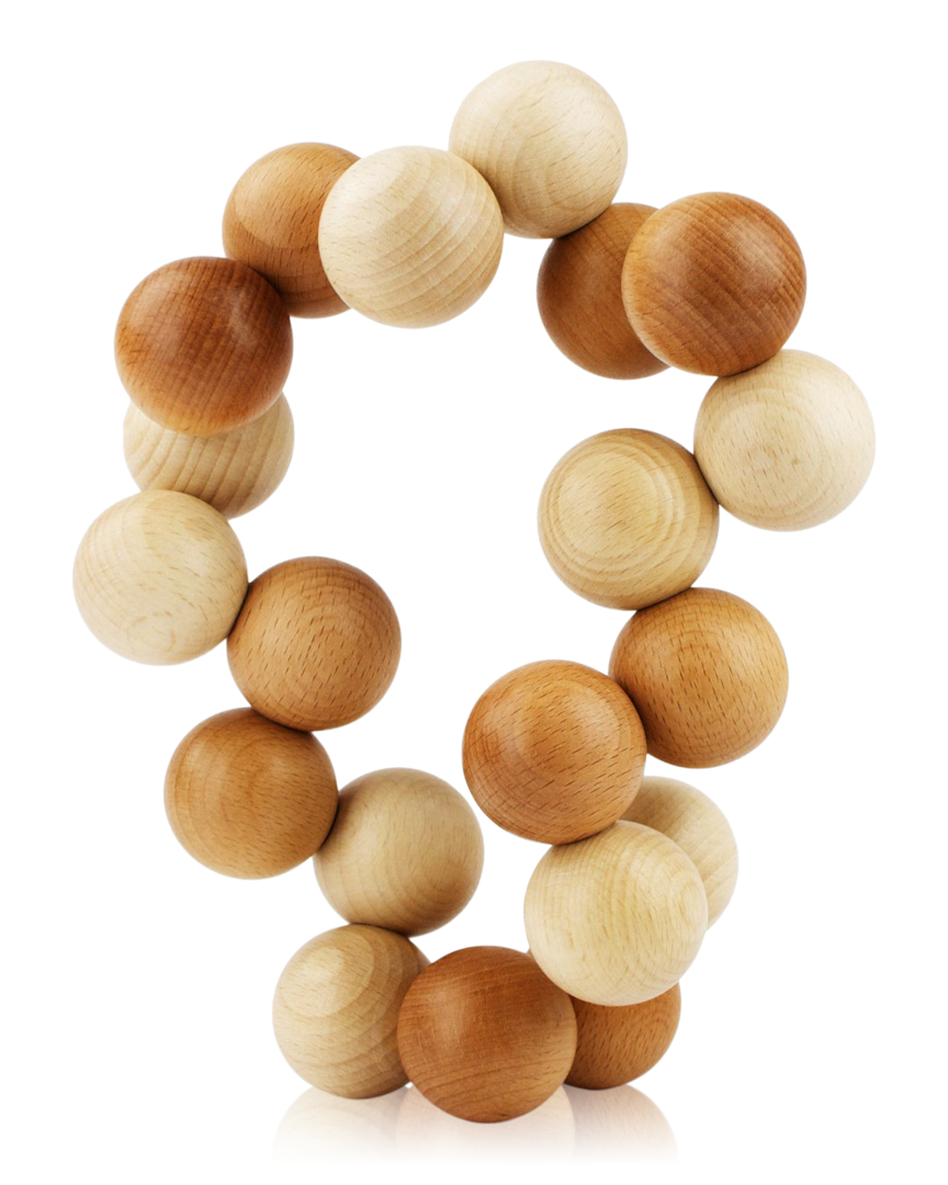A set of natural wooden teething balls arranged in a loose circle on a clean white background.